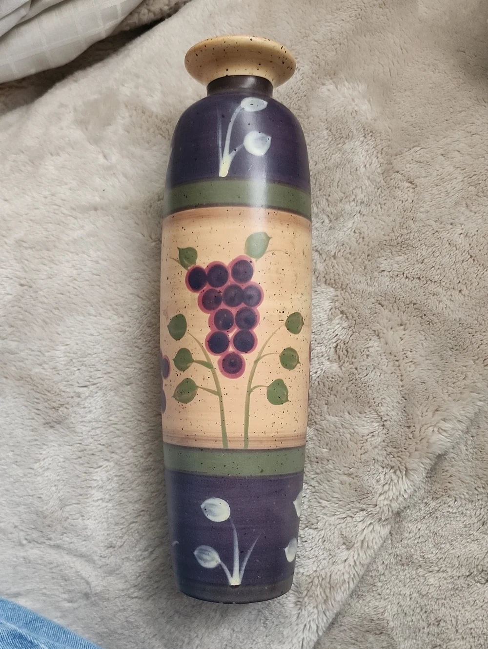 Decorative Purple and Cream Ceramic Vase with Grape Motif